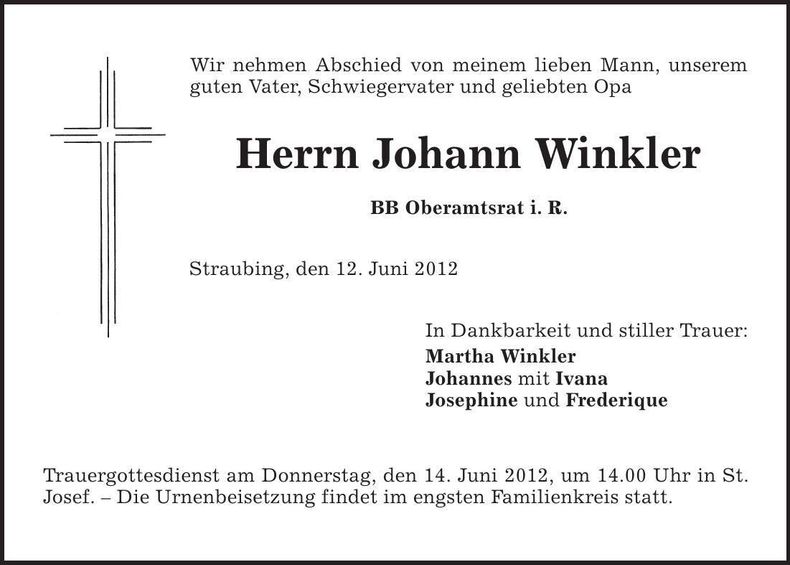 Traueranzeige Johann Winkler