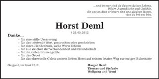 Traueranzeige Horst Deml