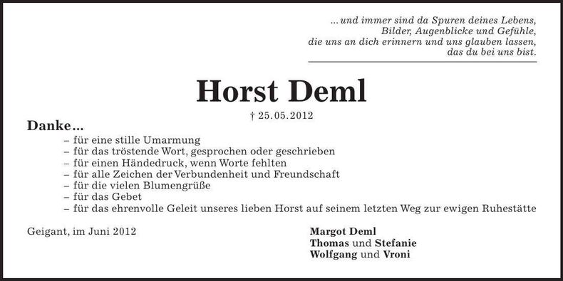Traueranzeige Horst Deml