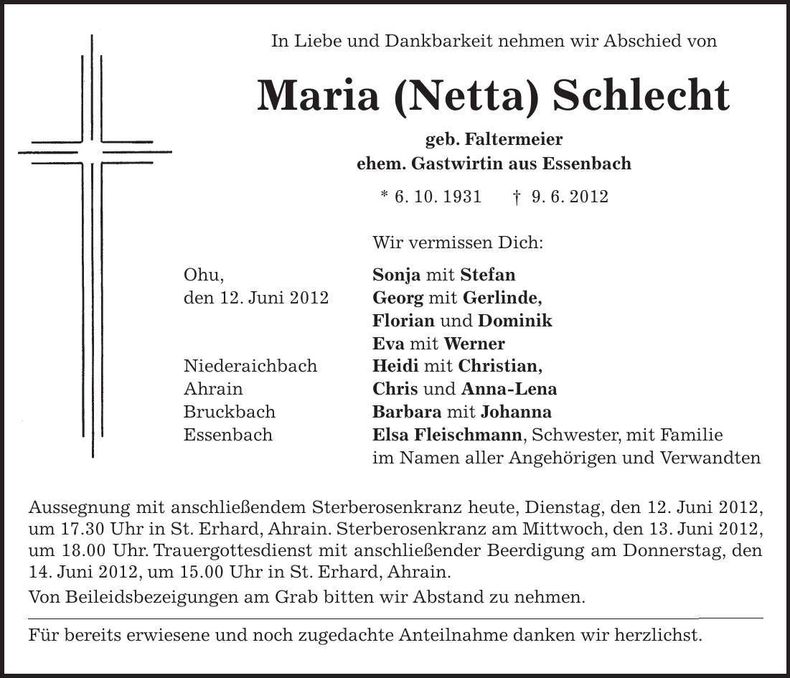 Traueranzeige Maria Schlecht