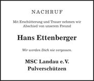 Traueranzeige Hans Ettenberger