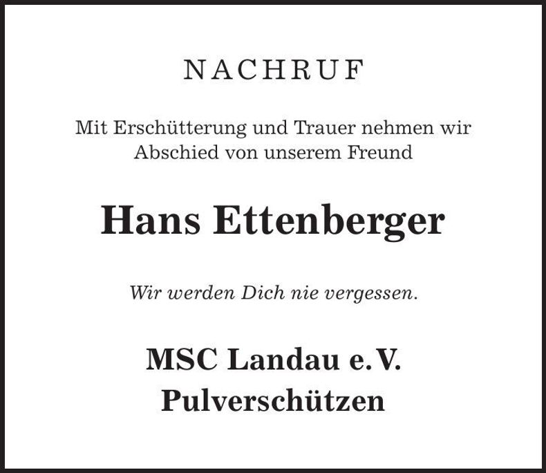 Traueranzeige Hans Ettenberger
