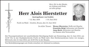 Traueranzeige Alois Hierstetter
