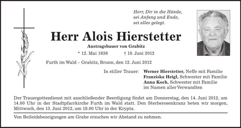 Traueranzeige Alois Hierstetter