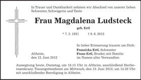 Traueranzeige Magdalena Ludsteck