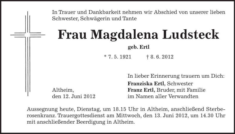 Traueranzeige Magdalena Ludsteck