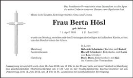 Traueranzeige Berta Hösl