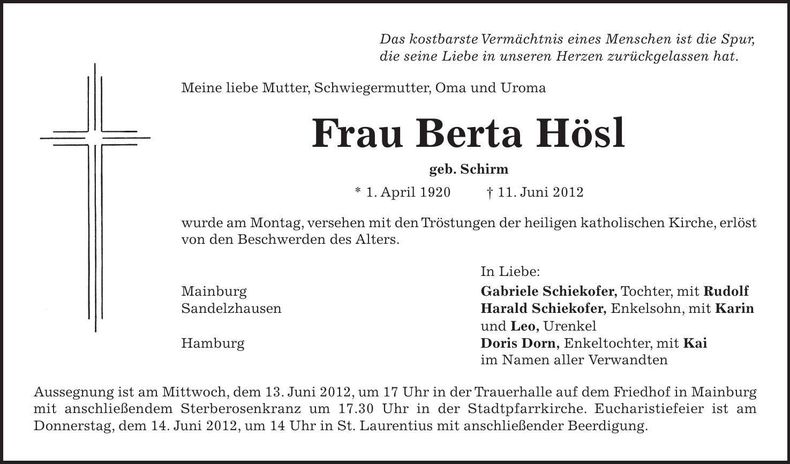 Traueranzeige Berta Hösl