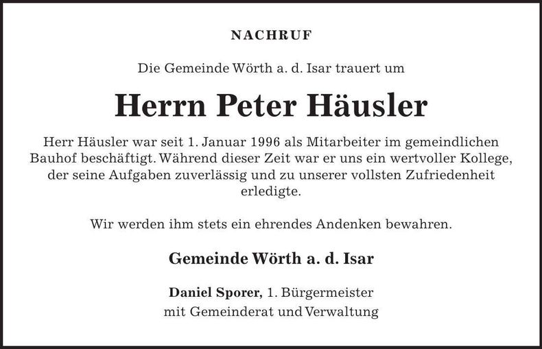 Traueranzeige Peter Häusler