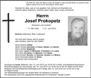 Traueranzeige Josef Prokopetz