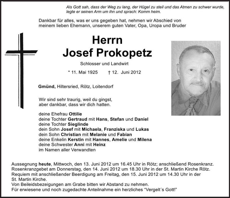 Traueranzeige Josef Prokopetz
