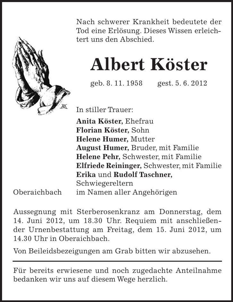 Traueranzeige Albert Köster