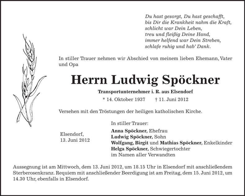 Traueranzeige Ludwig Spöckner
