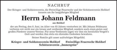 Traueranzeige Johann Feldmann