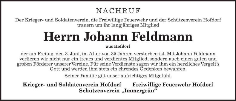 Traueranzeige Johann Feldmann