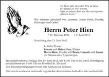 Traueranzeige Peter Hien