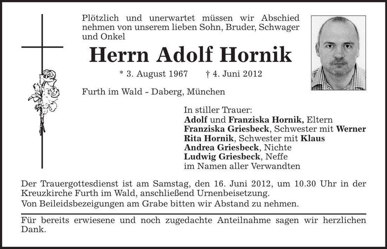 Traueranzeige Adolf Hornik