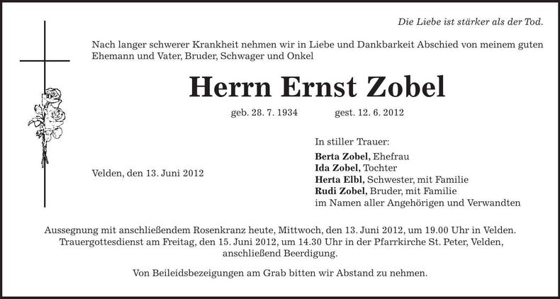 Traueranzeige Ernst Zobel