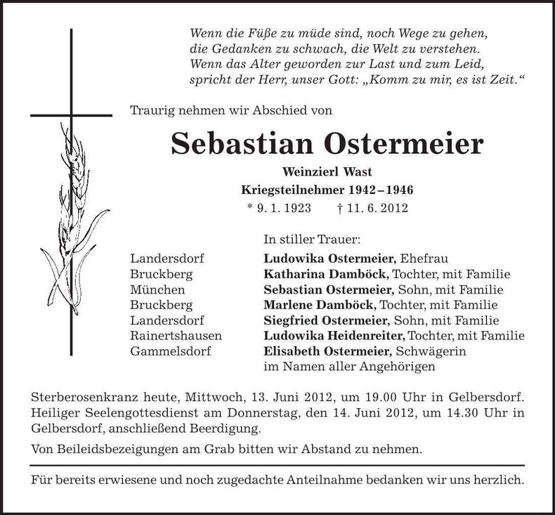 Traueranzeige Sebastian Ostermeier