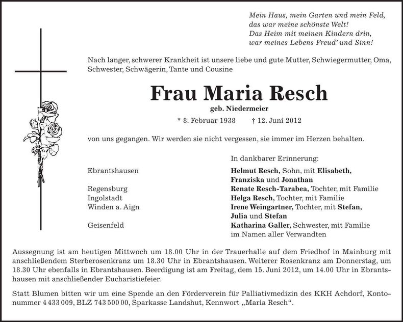 Traueranzeige Maria Resch