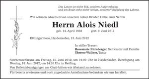 Traueranzeige Alois Niedl