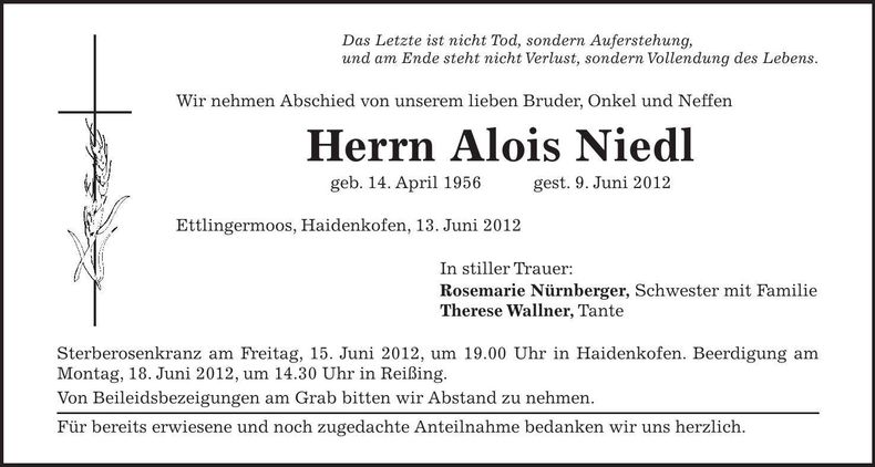 Traueranzeige Alois Niedl