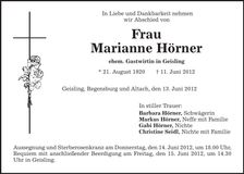 Traueranzeige Marianne Hörner