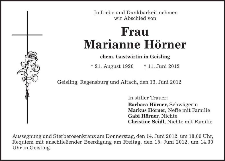Traueranzeige Marianne Hörner