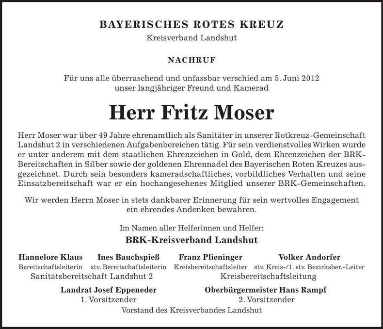 Traueranzeige Fritz Moser