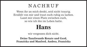Traueranzeige Ettenberger Hans
