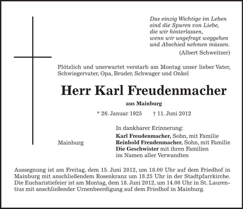 Traueranzeige Karl Freudenmacher