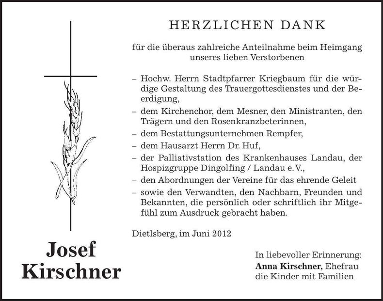 Traueranzeige Josef Kirschner