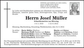 Traueranzeige Josef Müller