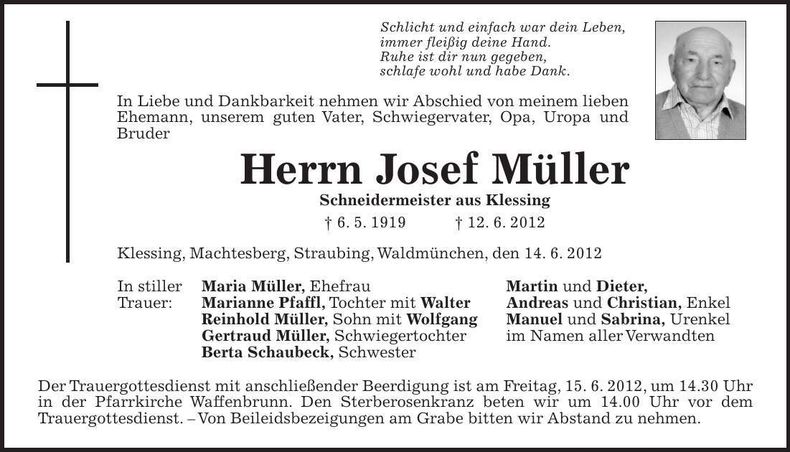 Traueranzeige Josef Müller