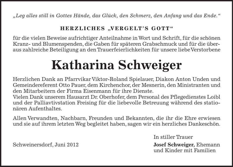 Traueranzeige Katharina Schweiger