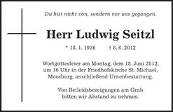 Traueranzeige Ludwig Seitzl