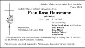 Traueranzeige Rosa Hausmann