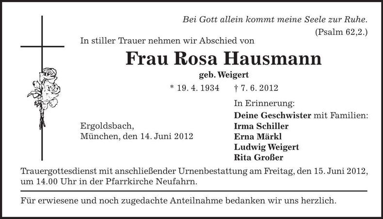 Traueranzeige Rosa Hausmann