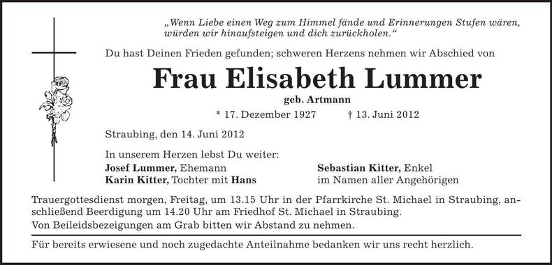 Traueranzeige Elisabeth Lummer