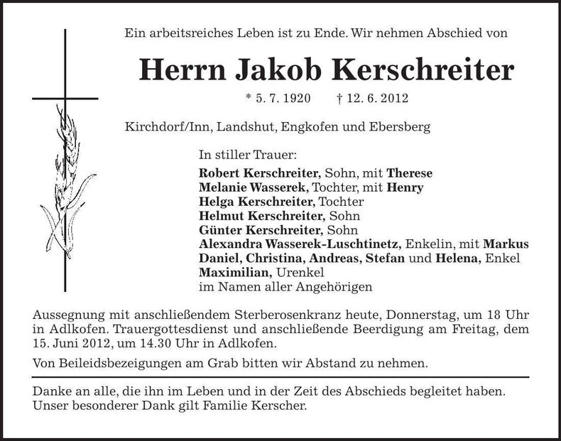 Traueranzeige jakob Kerschreiter