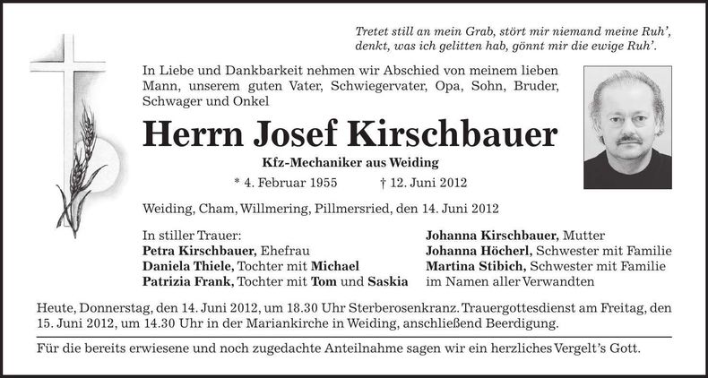 Traueranzeige Josef Kirschbauer