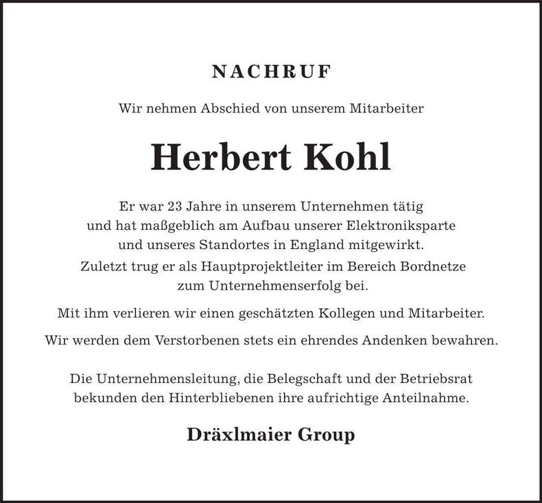 Traueranzeige Herbert Kohl