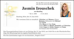 Traueranzeige Jasmin Irouschek