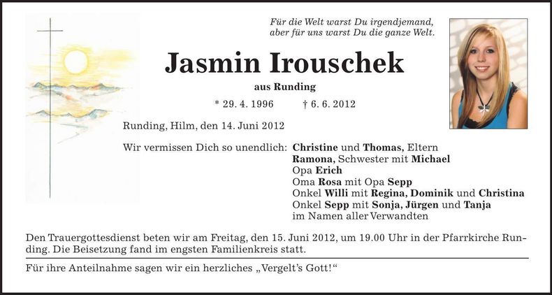 Traueranzeige Jasmin Irouschek
