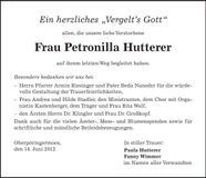 Traueranzeige Petronilla Hutterer