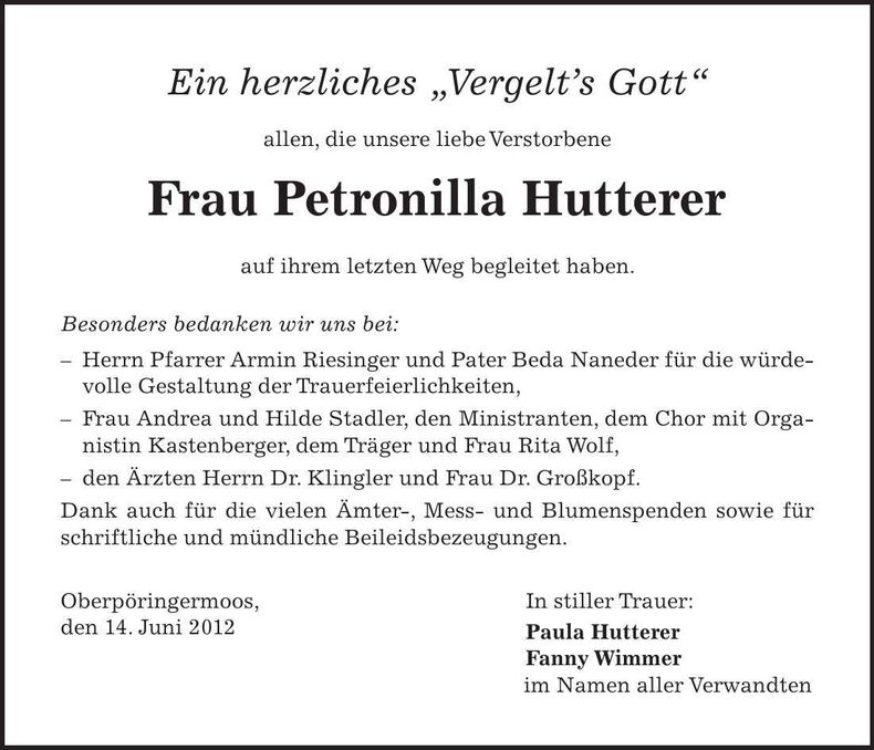 Traueranzeige Petronilla Hutterer