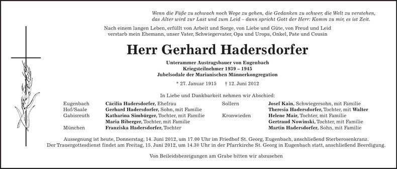 Traueranzeige Gerhard Hadersdorfer