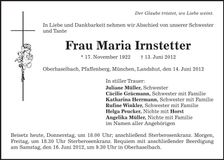 Traueranzeige Maria Irnstetter
