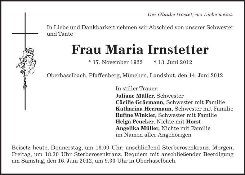 Traueranzeige Maria Irnstetter