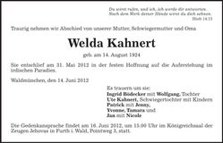 Traueranzeige Welda Kahnert